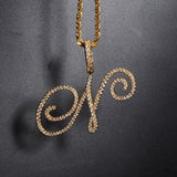 A-Z Cursive Letters Name Iced Out Cubic Zircon Pendant Necklace